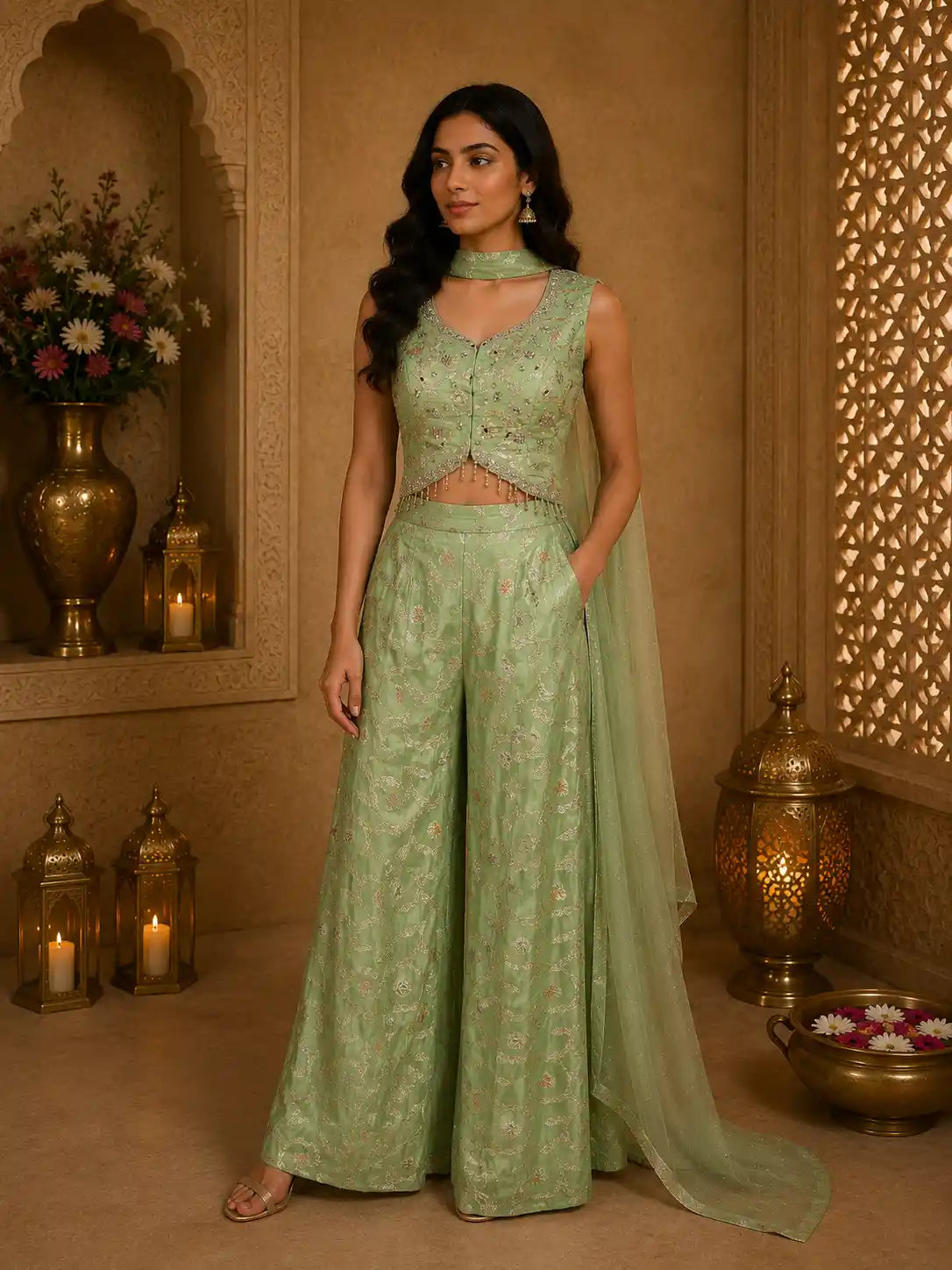 Pistachio Green Floral Sequins Embroidered Design Banarasi Silk Palazzo Suit with Dupatta