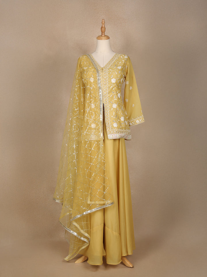 Light Yellow Floral Embroidered Organza Palazzo Salwar Suit - Diadem