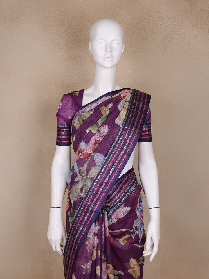 Lavender Floral Design Printed Kota Cotton Saree - Diadem