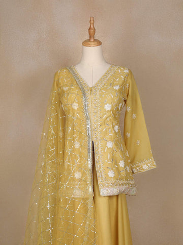 Light Yellow Floral Embroidered Organza Palazzo Salwar Suit - Diadem