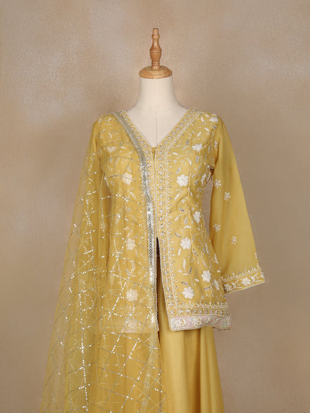 Light Yellow Floral Embroidered Organza Palazzo Salwar Suit - Diadem