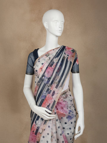 Ivory with Blue Stripes and Floral Printed Organza Designer Saree - Diadem