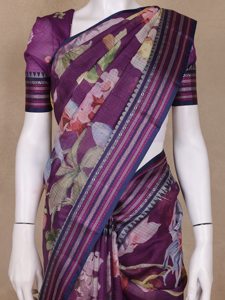 Lavender Floral Design Printed Kota Cotton Saree - Diadem
