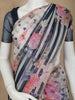 Ivory with Blue Stripes and Floral Printed Organza Designer Saree - Diadem