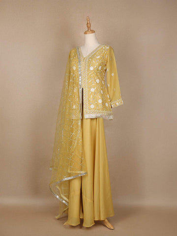 Light Yellow Floral Embroidered Organza Palazzo Salwar Suit - Diadem