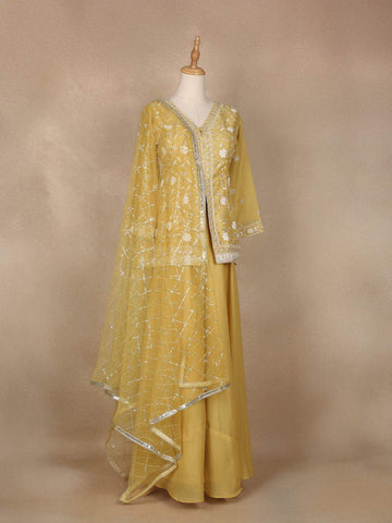 Light Yellow Floral Embroidered Organza Palazzo Salwar Suit - Diadem