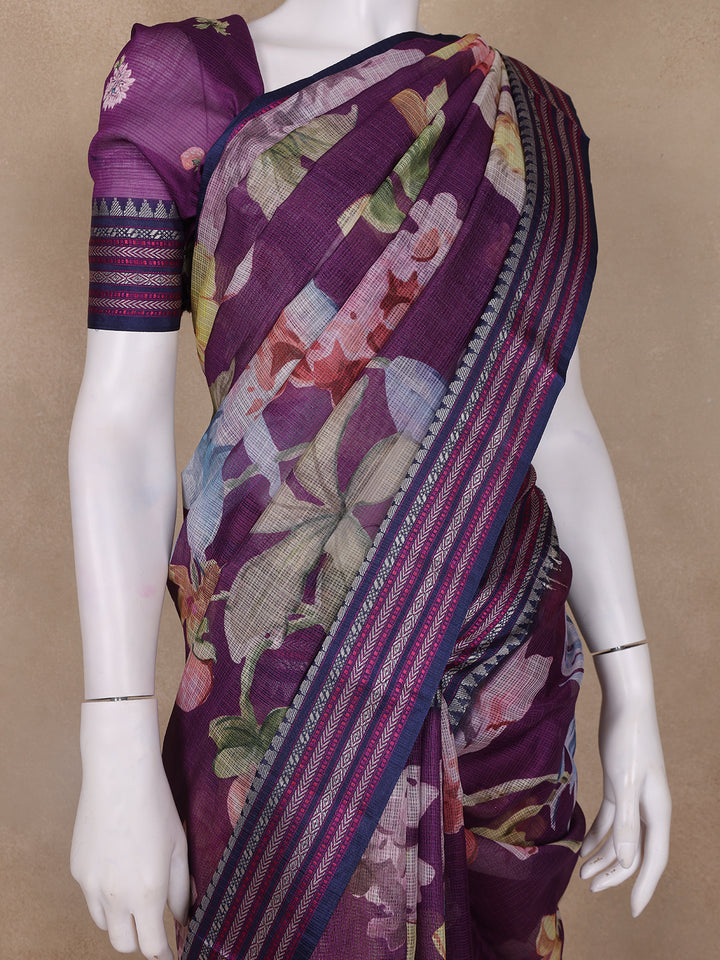Lavender Floral Design Printed Kota Cotton Saree - Diadem