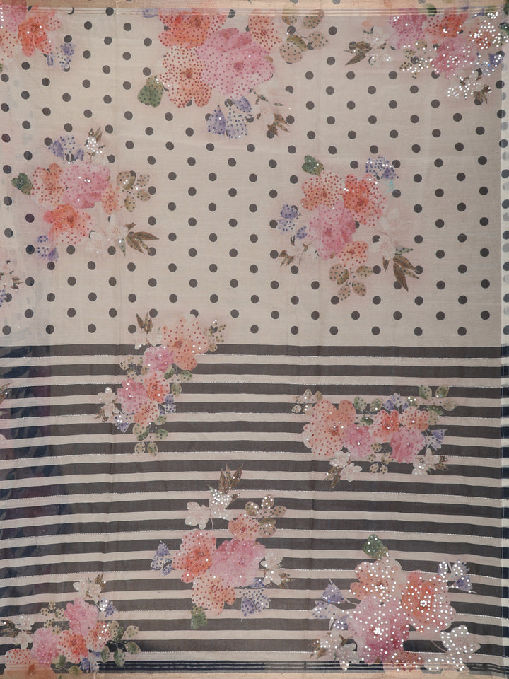 Ivory with Blue Stripes and Floral Printed Organza Designer Saree - Diadem