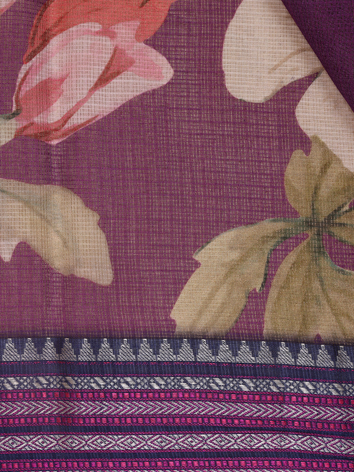Lavender Floral Design Printed Kota Cotton Saree - Diadem