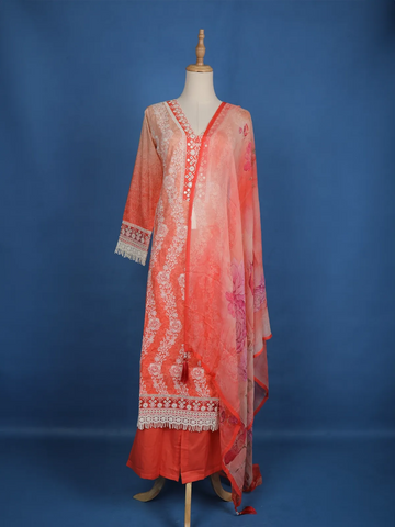 Light Orange Floral Printed Cotton Salwar Suit - Diadem