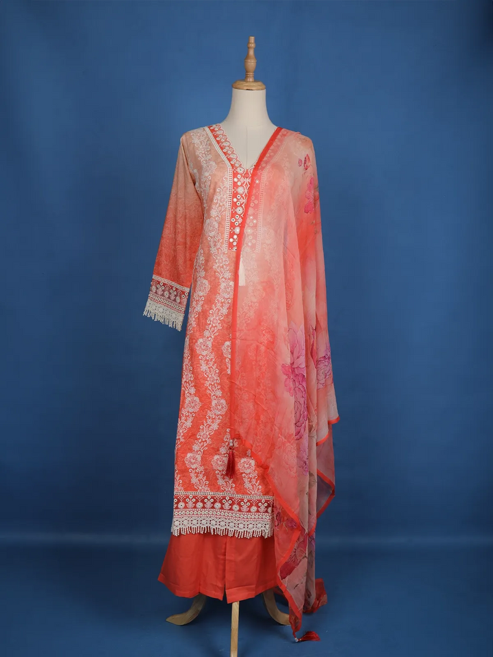 Light Orange Floral Printed Cotton Salwar Suit - Diadem