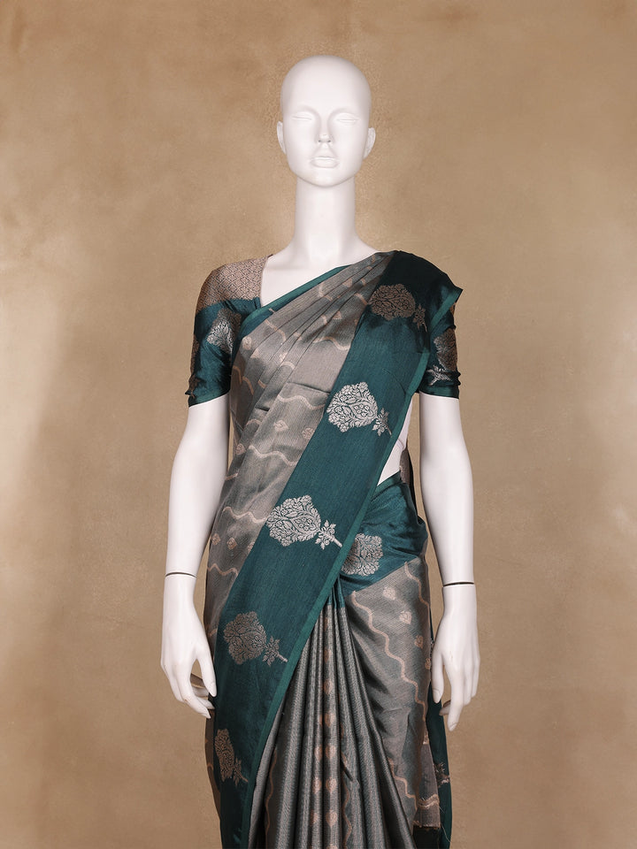 Grey Floral And Stripes Designed Semi Tissue Saree - Diadem
