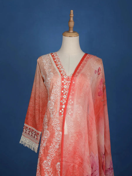 Light Orange Floral Printed Cotton Salwar Suit - Diadem