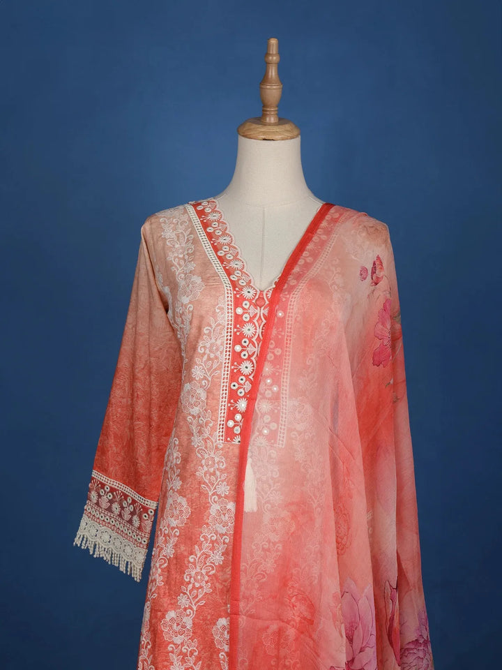 Light Orange Floral Printed Cotton Salwar Suit - Diadem