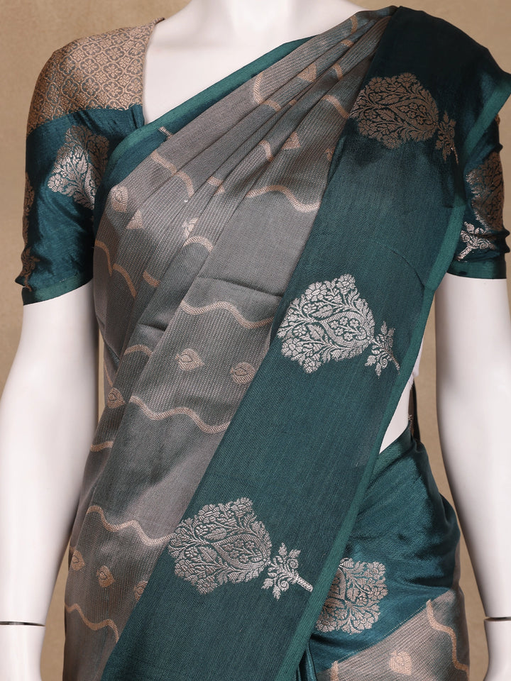 Grey Floral And Stripes Designed Semi Tissue Saree - Diadem