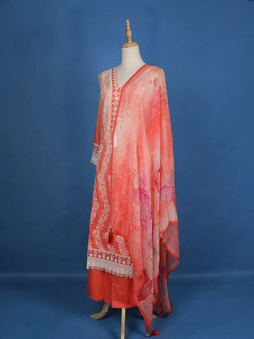 Light Orange Floral Printed Cotton Salwar Suit - Diadem