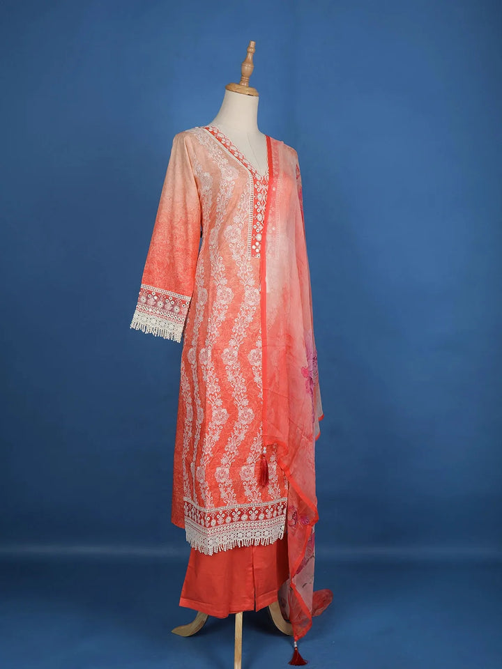 Light Orange Floral Printed Cotton Salwar Suit - Diadem