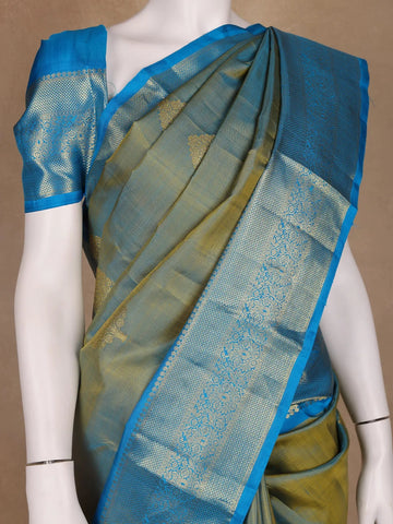 Olive Green Floral Motif Design Kanchipuram Silk Saree - Diadem