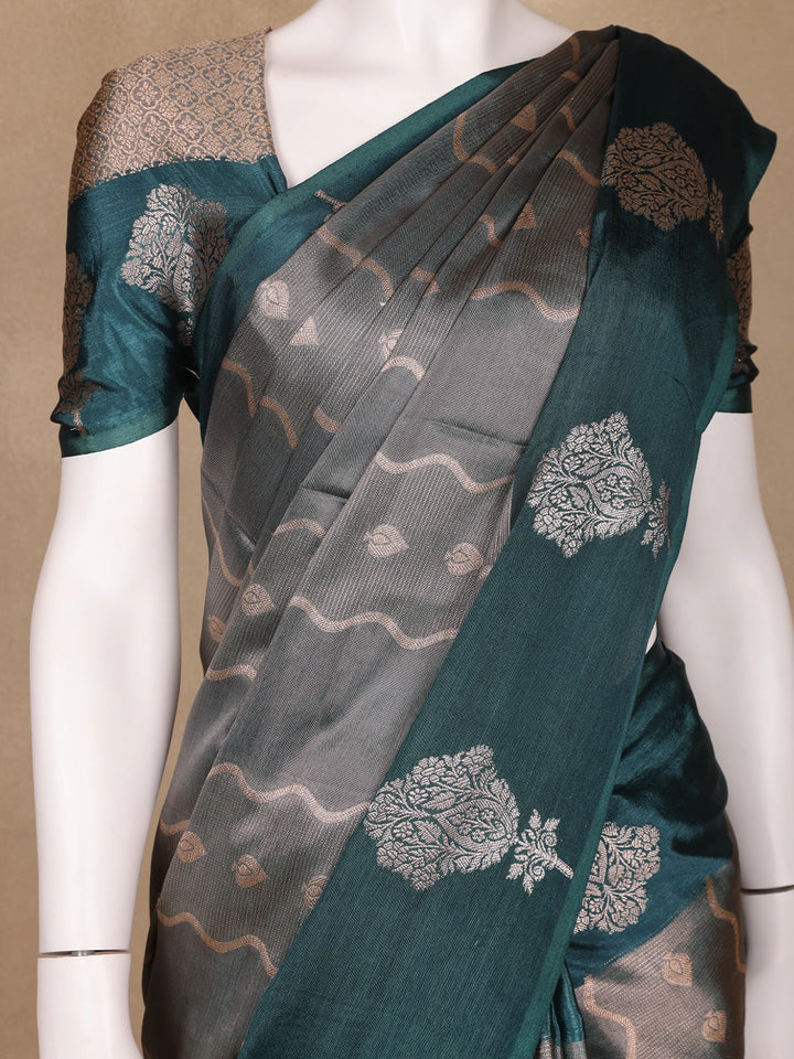 Grey Floral And Stripes Designed Semi Tissue Saree - Diadem
