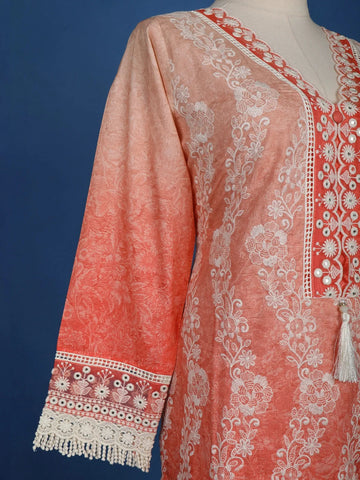 Light Orange Floral Printed Cotton Salwar Suit - Diadem