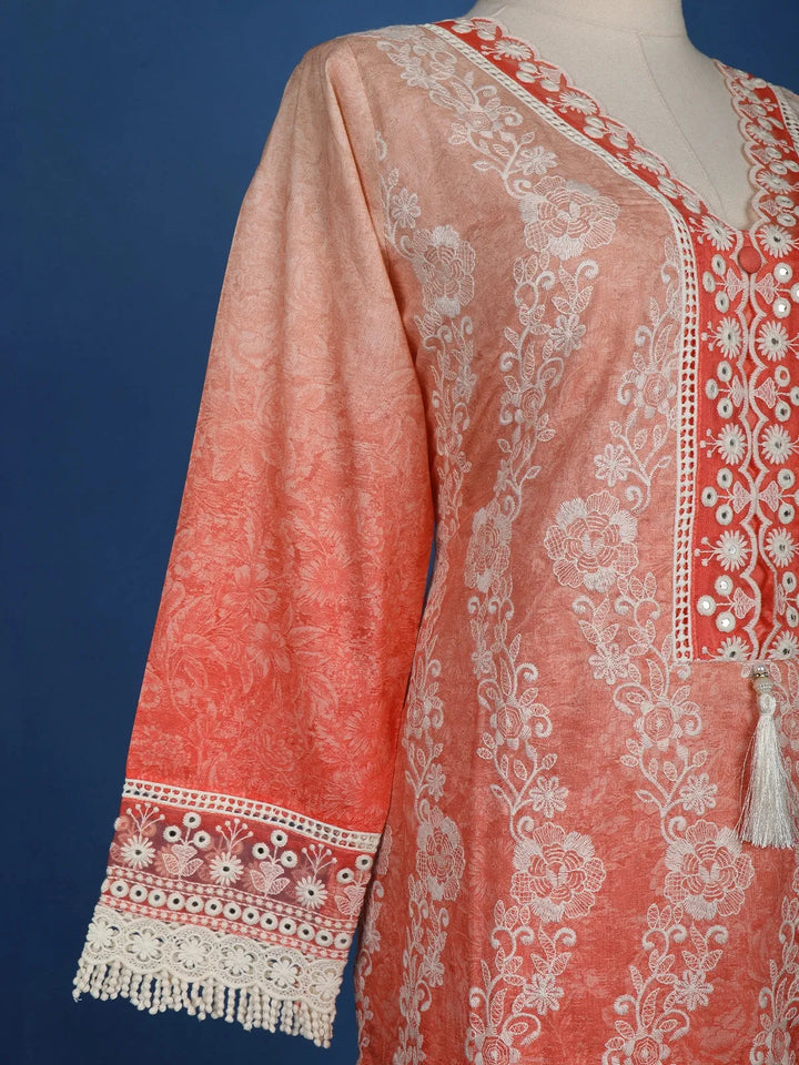 Light Orange Floral Printed Cotton Salwar Suit - Diadem