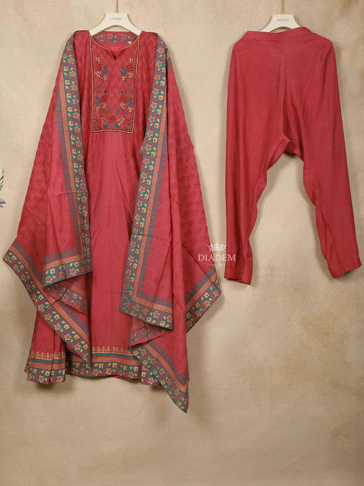 Maroon Crepe Straight Cut Salwar Suit Adorned with Sequins and Floral Design, Paired with Dupatta - Diadem