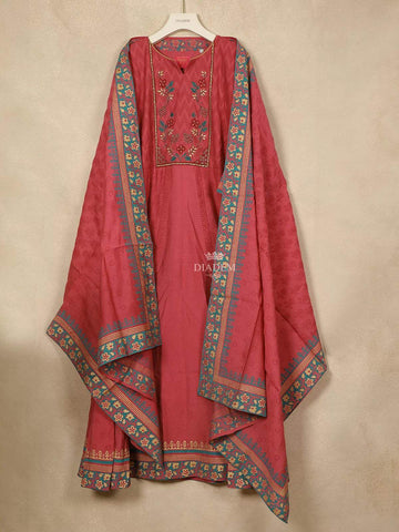 Maroon Crepe Straight Cut Salwar Suit Adorned with Sequins and Floral Design, Paired with Dupatta - Diadem