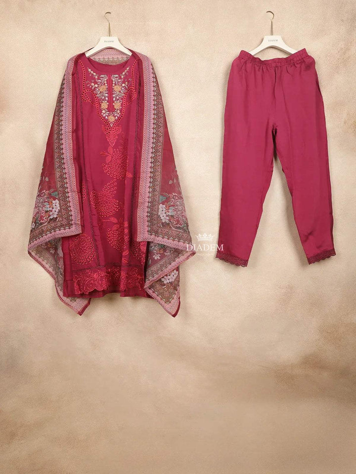 Dark Pink Straight Cut Salwar Suit for Girls Adorned with Embroidery Flower and Leaf Design with Dupatta - Diadem