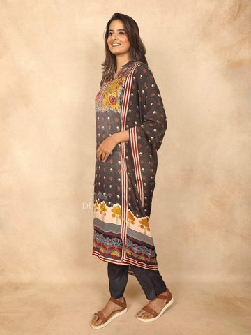 Black Straight Cut Salwar Suit for Women Adorned with Sequins and Floral Design with Dupatta - Diadem