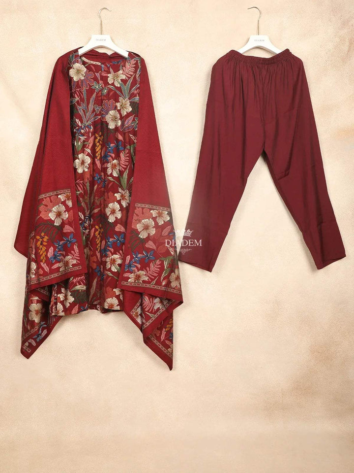 Maroon Straight Cut Salwar Suit for Women Adorned with Printed Floral Design with Dupatta - Diadem