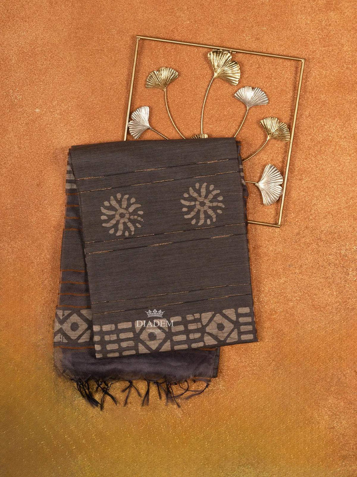 Brown Cotton Saree with Stripes and Geometric Pattern on the Body and With Matching border - Diadem
