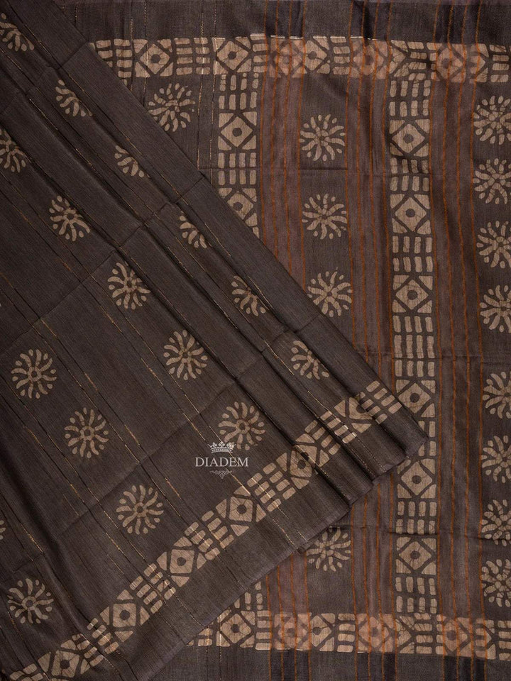 Brown Cotton Saree with Stripes and Geometric Pattern on the Body and With Matching border - Diadem
