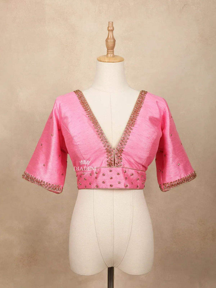 Pink Silk Readymade Blouse with Stones and Beads Work - Diadem
