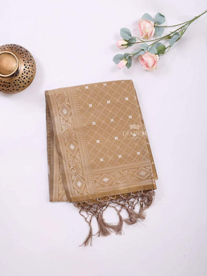 Brown Semi Tussar Silk Saree with Small Flower Design on the Body and without Border - Diadem