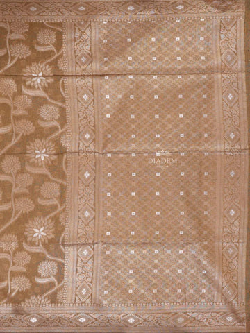 Brown Semi Tussar Silk Saree with Small Flower Design on the Body and without Border - Diadem