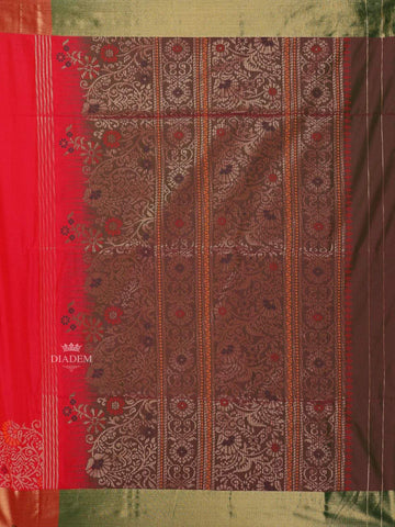 Red Pink Silk Cotton Saree with Floral Motif on the body and Contrast Zari Border - Diadem