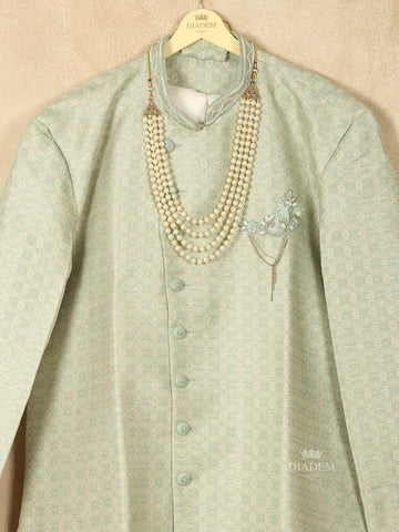 Pista Green Raw Silk Printed Sherwani Suit with Beaded Mala and Brooch - Diadem