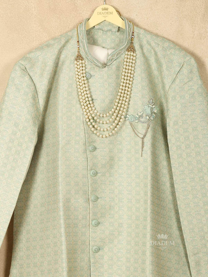 Pista Green Raw Silk Printed Sherwani Suit with Beaded Mala and Brooch - Diadem