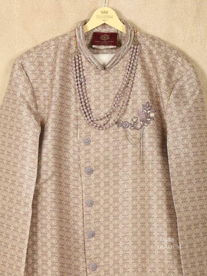 Light Brown Raw Silk Emboss Sherwani Suit with Beaded Mala and Brooch - Diadem