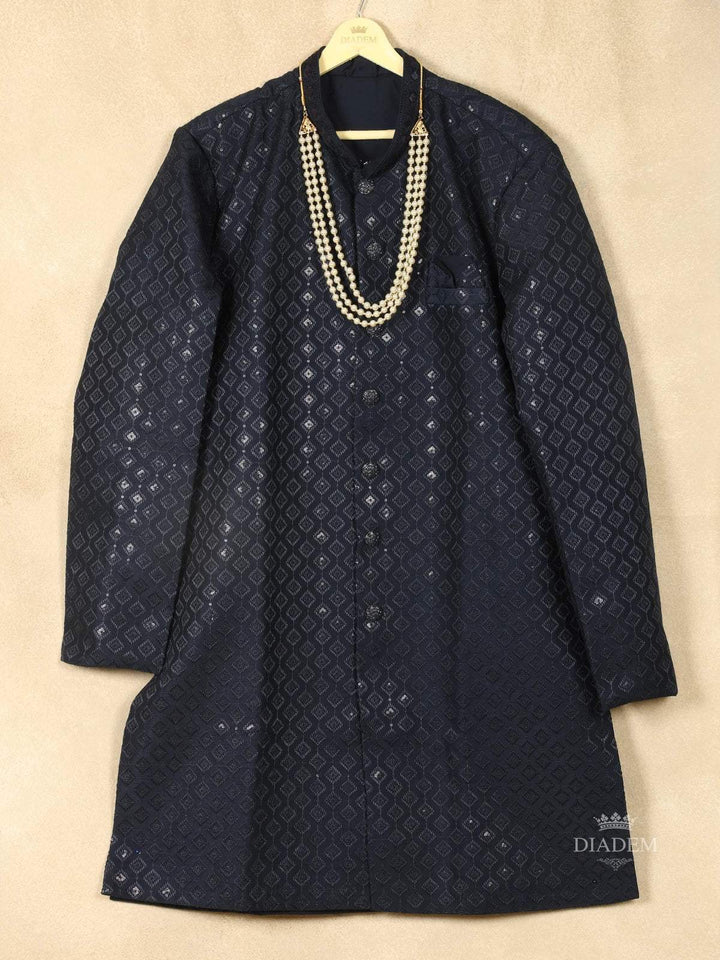 Navy Blue Raw Silk Embossed Sherwani Suit with Beaded Mala - Diadem