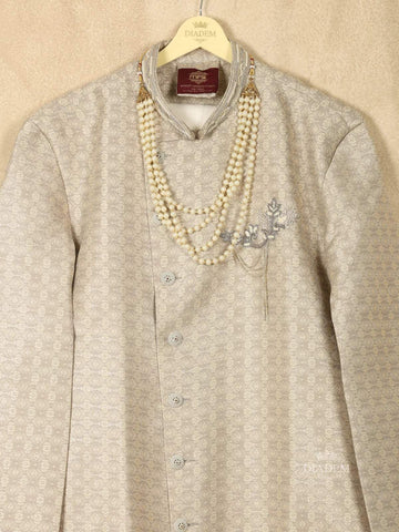 Beige Raw Silk Printed Sherwani Suit with Beaded Mala and Brooch - Diadem