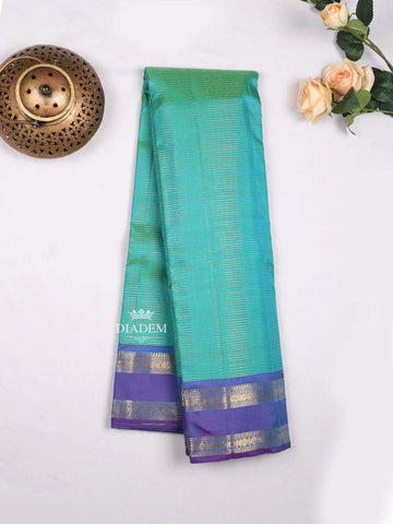 Blue Green Dual Tone Pure Kanchipuram Bridal Silk Saree with Stripes on the body and Contrast Zari Border - Diadem