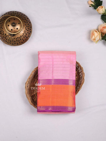 Light Pink Pure Kanchipuram Bridal Silk Saree with Stripes on the body and Contrast Zari Border - Diadem