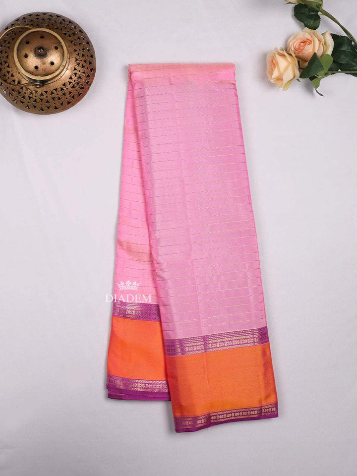 Light Pink Pure Kanchipuram Bridal Silk Saree with Stripes on the body and Contrast Zari Border - Diadem