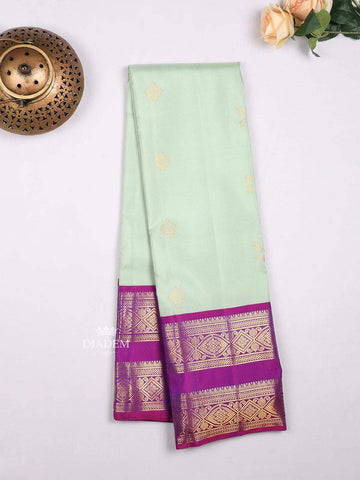 Mint Green Pure Kanchipuram Bridal Silk Saree with Zari Butta on the body and Contrast Zari Border - Diadem