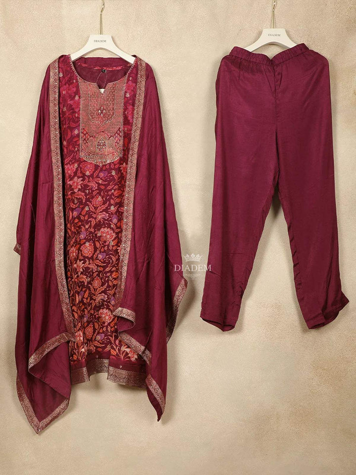 Maroon Crepe Straight Cut Salwar Suit for Women Adorned with Sequins and Flower Design, paired with Dupatta - Diadem