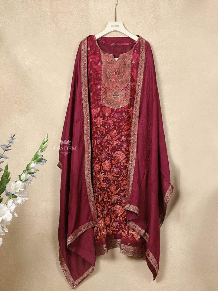 Maroon Crepe Straight Cut Salwar Suit for Women Adorned with Sequins and Flower Design, paired with Dupatta - Diadem