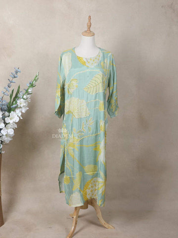 Light Green Crepe Kurti Top Adorned with Sequins and Floral Prints - Diadem