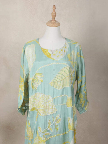 Light Green Crepe Kurti Top Adorned with Sequins and Floral Prints - Diadem