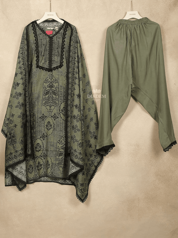 Olive Green Cotton Straight Cut Salwar Suit for Adorned with Sequins and Flower Prints, Paired with Dupatta - Diadem